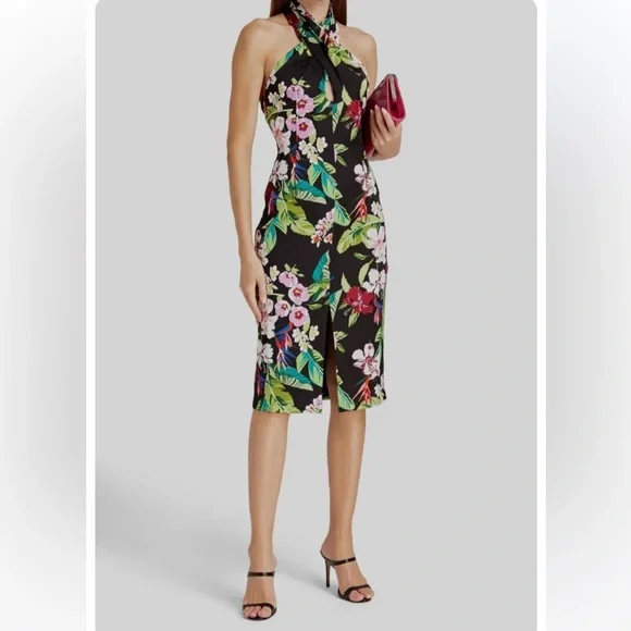 Aidan Mattox | Dresses | Nwt Aidan Aidan Mattox Cross Front Halter Midi  Dress Black Floral 6 Flawed | Poshmark